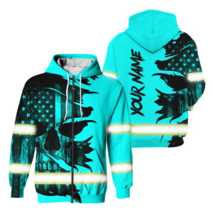 Hi Vis Zip Hoodie Reflective Tapes Blue Neon Skull US Flag Scratch Custom Name Safety Workwear For Workers, Runners, Cyclists, Patriotic