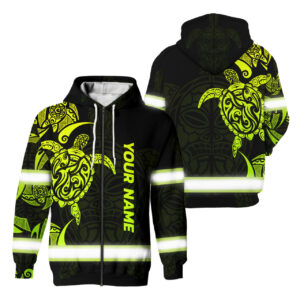 Hi Vis Zip Hoodie Reflective Tapes Green Neon Turtle Hawaii Polynesian Custom Name Safety Workwear For Workers, Operator, Cyclists, Patriotic