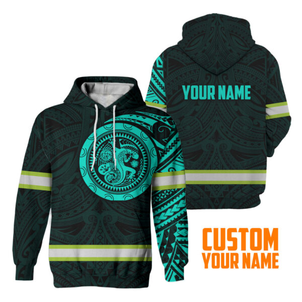 Hi Vis Hoodie Reflective Tapes Mint Gecko Hawaiian Polynesian Tribal Custom Name Safety Workwear For Workers, Runners, Cyclists - Image 2