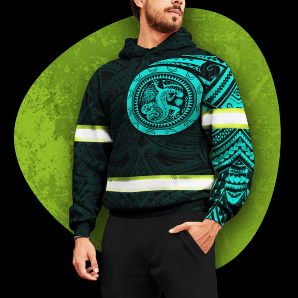Hi Vis Hoodie Reflective Tapes Mint Gecko Hawaiian Polynesian Tribal Custom Name Safety Workwear For Workers, Runners, Cyclists - Image 3