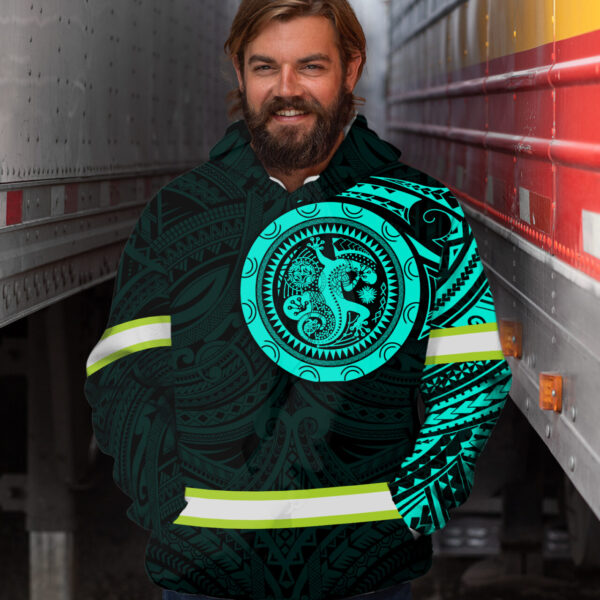 Hi Vis Hoodie Reflective Tapes Mint Gecko Hawaiian Polynesian Tribal Custom Name Safety Workwear For Workers, Runners, Cyclists - Image 4