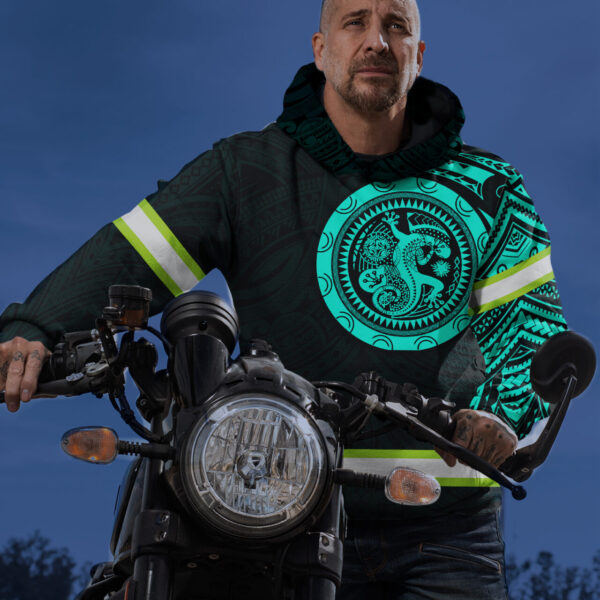 Hi Vis Hoodie Reflective Tapes Mint Gecko Hawaiian Polynesian Tribal Custom Name Safety Workwear For Workers, Runners, Cyclists - Image 6