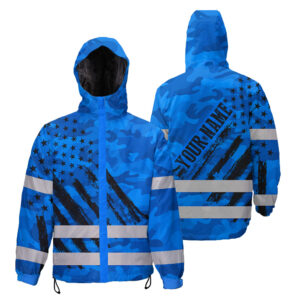 Hi Vis Jacket Waterproof And Windproof Reflective Camo Blue Neon US Flag Custom Name Safety Workwear For Truckers, Workers, Runners, Cyclists, Patriotic