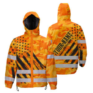 Hi Vis Jacket Waterproof And Windproof Reflective Camo Orange Neon US Flag Custom Name Safety Workwear For Truckers, Workers, Runners, Cyclists, Patriotic