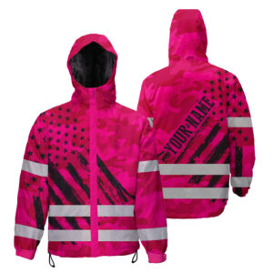 Hi Vis Jacket Waterproof And Windproof Reflective Camo Pink Neon US Flag Custom Name Safety Workwear For Truckers, Workers, Runners, Cyclists, Patriotic