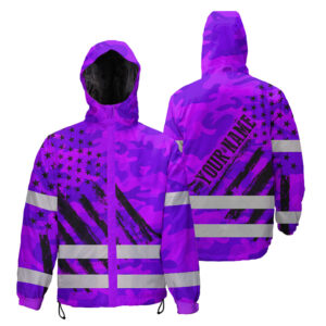 Hi Vis Jacket Waterproof And Windproof Reflective Camo Violet Neon US Flag Custom Name Safety Workwear For Truckers, Workers, Runners, Cyclists, Patriotic