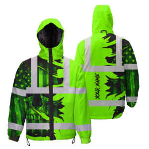 Hi Vis Jacket Waterproof And Windproof Reflective Green Neon Skull US Flag Scratch Custom Name Safety Workwear For Truckers, Workers, Runners, Cyclists, Patriotic