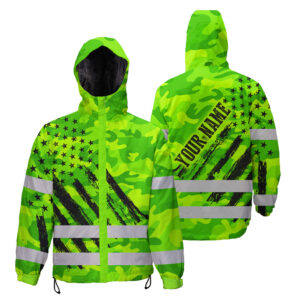 Hi Vis Jacket Waterproof And Windproof Reflective Green Neon US Flag Custom Name Safety Workwear For Truckers, Workers, Runners, Cyclists, Patriotic