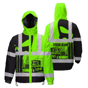 Hi Vis Jacket Waterproof And Windproof Reflective Green Semi Truck Driver Custom Name Safety Workwear For Truckers, Workers, Runners, Cyclists, Patriotic