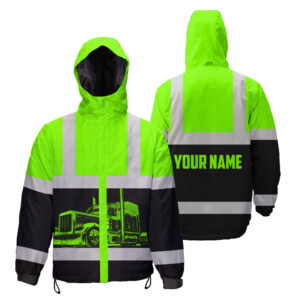 Hi Vis Jacket Waterproof And Windproof Reflective Green Semi Truck Driver Custom Name Safety Workwear For Truckers, Workers, Runners, Cyclists, Patriotic