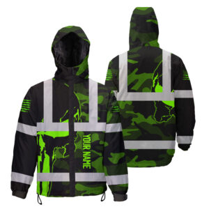 Hi Vis Jacket Waterproof And Windproof Reflective Green Skull Camo Neon US Flag Custom Name Safety Workwear