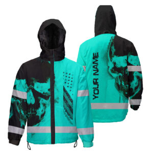 Hi Vis Jacket Waterproof And Windproof Reflective Skull US Flag Mint Neon Custom Name Safety Workwear For Truckers, Workers, Runners, Cyclists, Patriotic