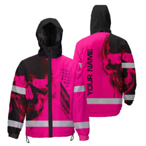Hi Vis Jacket Waterproof And Windproof Reflective Skull US Flag Pink Neon Custom Name Safety Workwear For Truckers, Workers, Runners, Cyclists, Patriotic