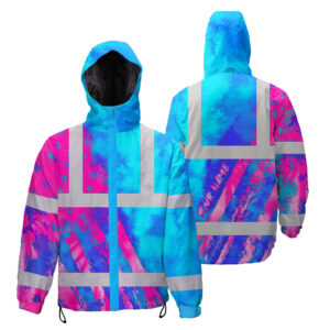 Hi Vis Jacket Waterproof Reflective Blue Pink Flag Custom Name Safety Workwear For Worker, Motorcycle Bicycle, Runner