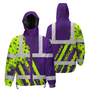 Hi Vis Jacket Waterproof Reflective Green Violet Flag Custom Name Safety Workwear For Worker, Motorcycle Bicycle, Runner