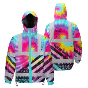 Hi Vis Jacket Waterproof Reflective Tie Dye US Flag Paint Custom Name Safety Workwear For Worker, Motorcycle Bicycle, Runner