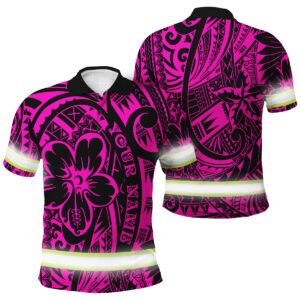 Hi Vis Polo Shirt Reflective Tapes Pink Flower Hawaiian Polynesian Tribal Custom Name Safety Workwear For Workers, Runners, Cyclists