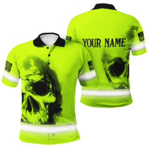Hi Vis Polo Shirt Reflective Tapes Green Neon Skull Custom Name Safety Workwear For Skull Lover