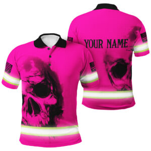 Hi Vis Polo Shirt Reflective Tapes Pink Neon Skull Custom Name Safety Workwear For Skull Lover