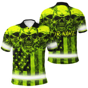 Hi Vis Polo Shirt Reflective Green Skull US Flag Custom Name Safety Workwear