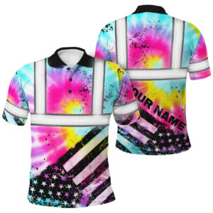 Hi Vis Polo Shirt Reflective Tie Dye US Flag Paint Safety Workwear For Motorcycle Bicycle, Runner