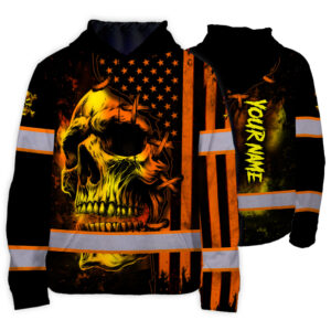 Hi Vis Hoodie Reflective Tapes Orange Neon Skull Scratch US Flag Custom Name