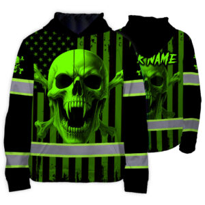 Hi Vis Hoodie Reflective Tapes Green Neon Skull US Flag 2 Custom Name