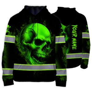 Hi Vis Hoodie Reflective Tapes Green Neon Skull 6 Custom Name