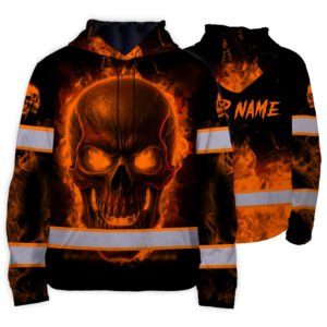 Hi Vis Hoodie Reflective Tapes Orange Neon Skull Fire 3 Custom Name