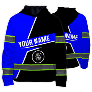 Hi Vis Hoodie Reflective Tapes Uniform Blue Neon Custom Name And Logo Safety Workwear For Workers, Teams, Group, Company