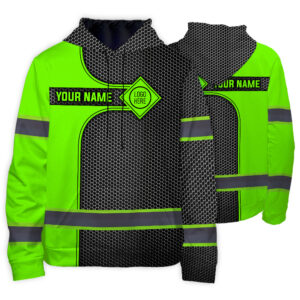 Hi Vis Hoodie Reflective Tapes Uniform Green Neon And Grey Custom Name And Logo Safety Workwear For Workers, Teams, Group, Company