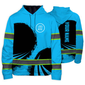 Hi Vis Hoodie Reflective Tapes Uniform Blue Neon Custom Name And Logo Safety Workwear For Teams, Group, Company