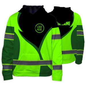 Hi Vis Hoodie Reflective Tapes Uniform Green Neon 3 Custom Name And Logo Safety Workwear For Workers, Teams, Group, Company