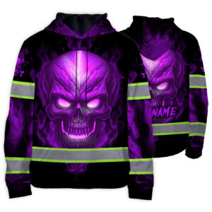 Hi Vis Hoodie Reflective Tapes Gradient Violet Neon Skull Fire Custom Name