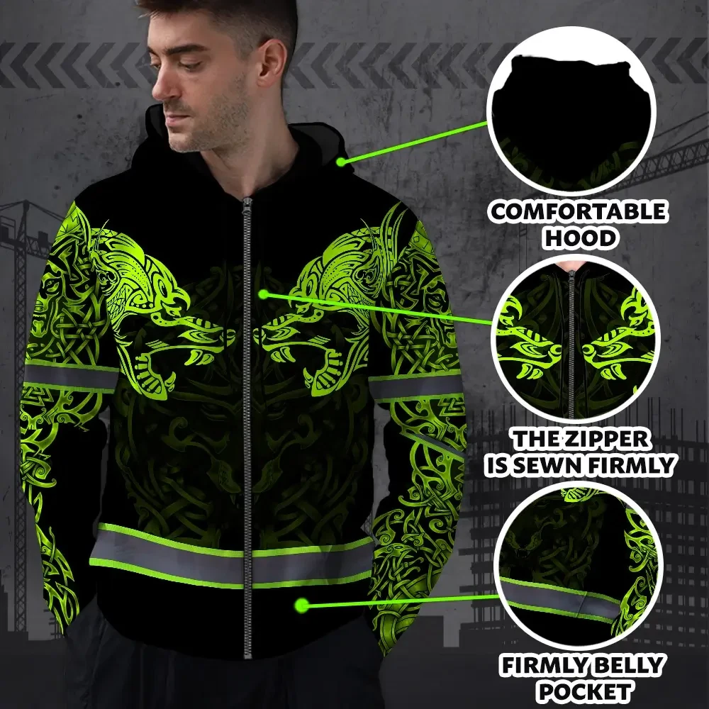 Hi Vis Zip Hoodie Reflective Tapes Vikings Wolf Custom Name Safety